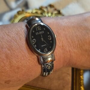 Vintage Studio Time Black and Silverscrolled Bangle Quartz Watch
